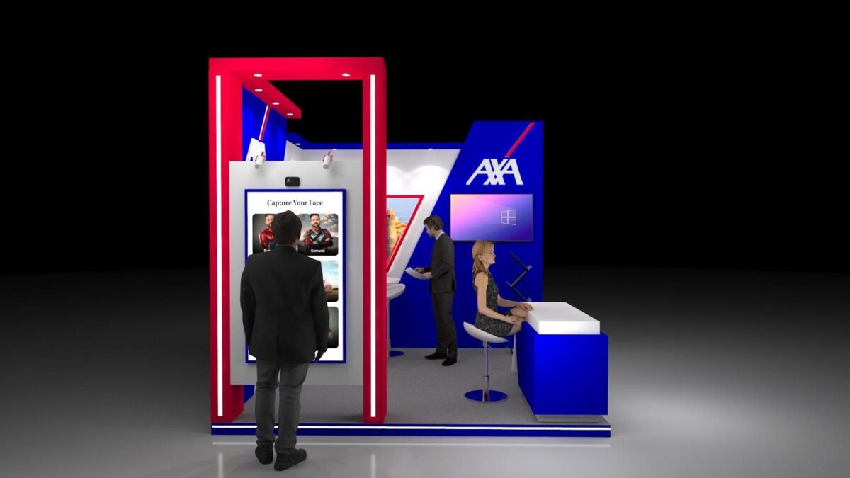 3D render of the AXA booth with the AI photo kiosk