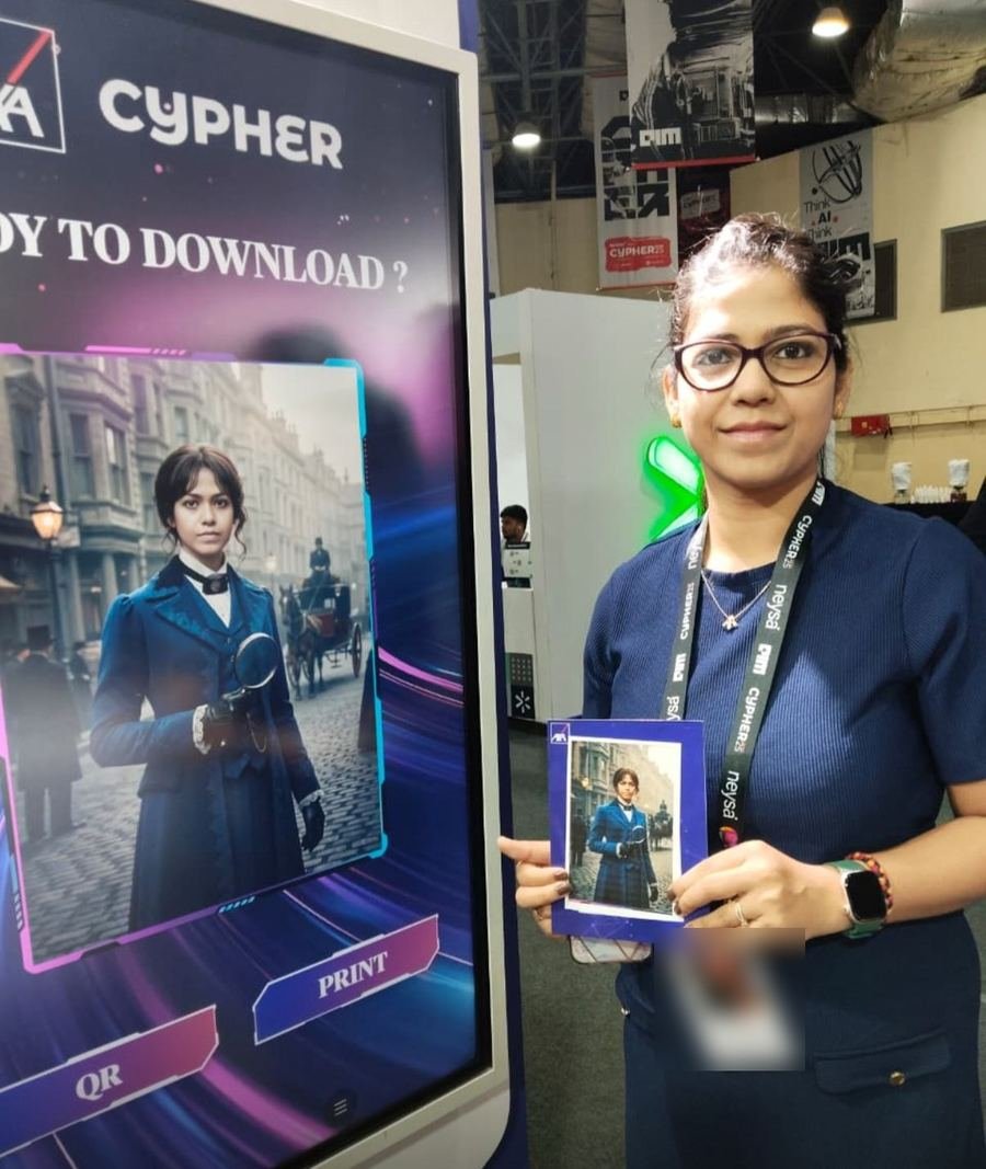A visitor holding her printed AI avatar next to the kiosk