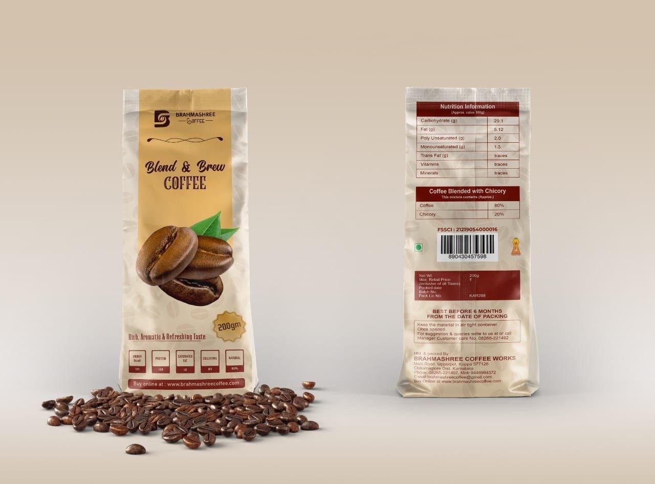 Brahmashree Blend and Brew coffee pack, front and back, with roasted beans