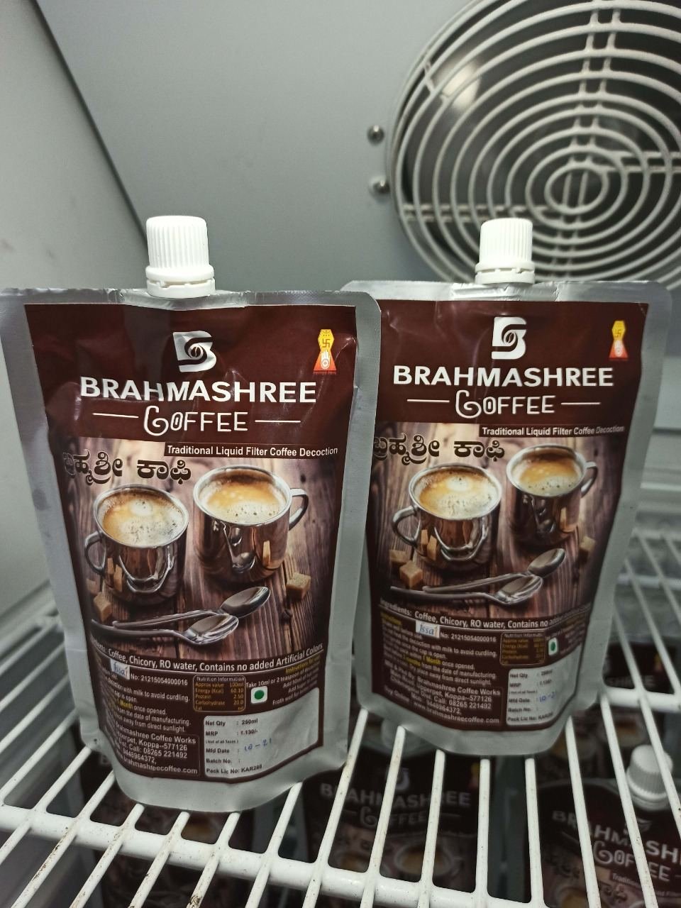 Brahmashree liquid filter coffee decoction spout pouches in a chiller