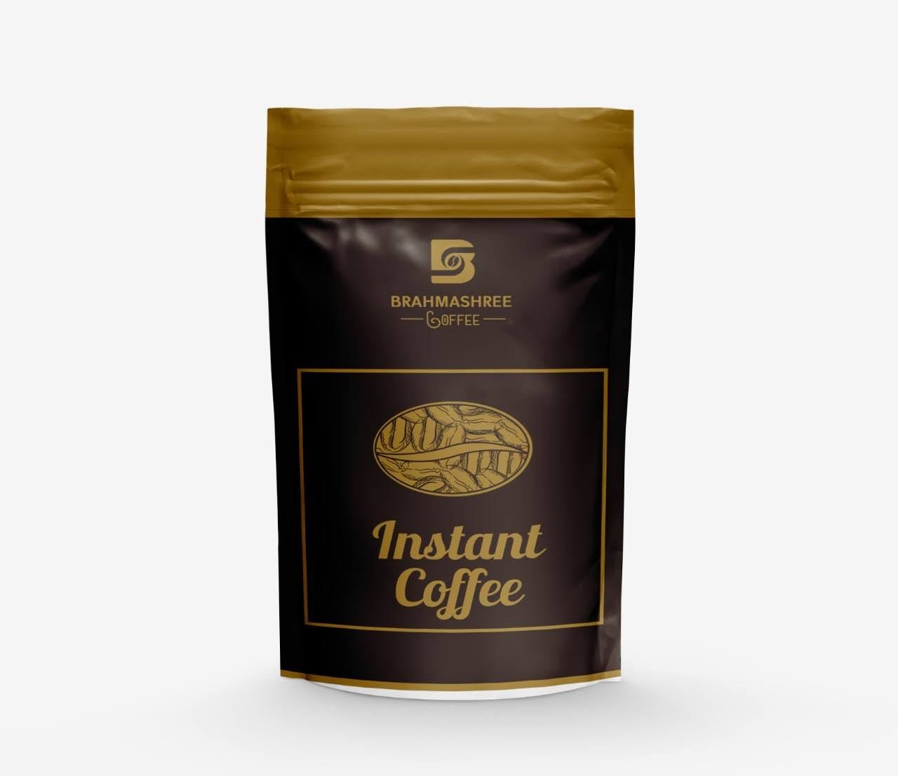 Brahmashree Instant Coffee stand-up pouch in maroon and gold