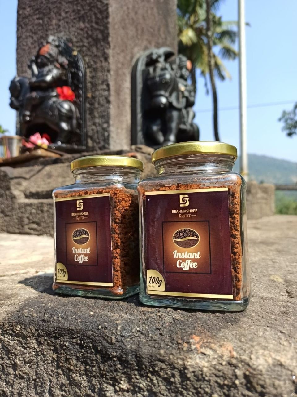 Two Brahmashree Instant Coffee jars photographed outdoors