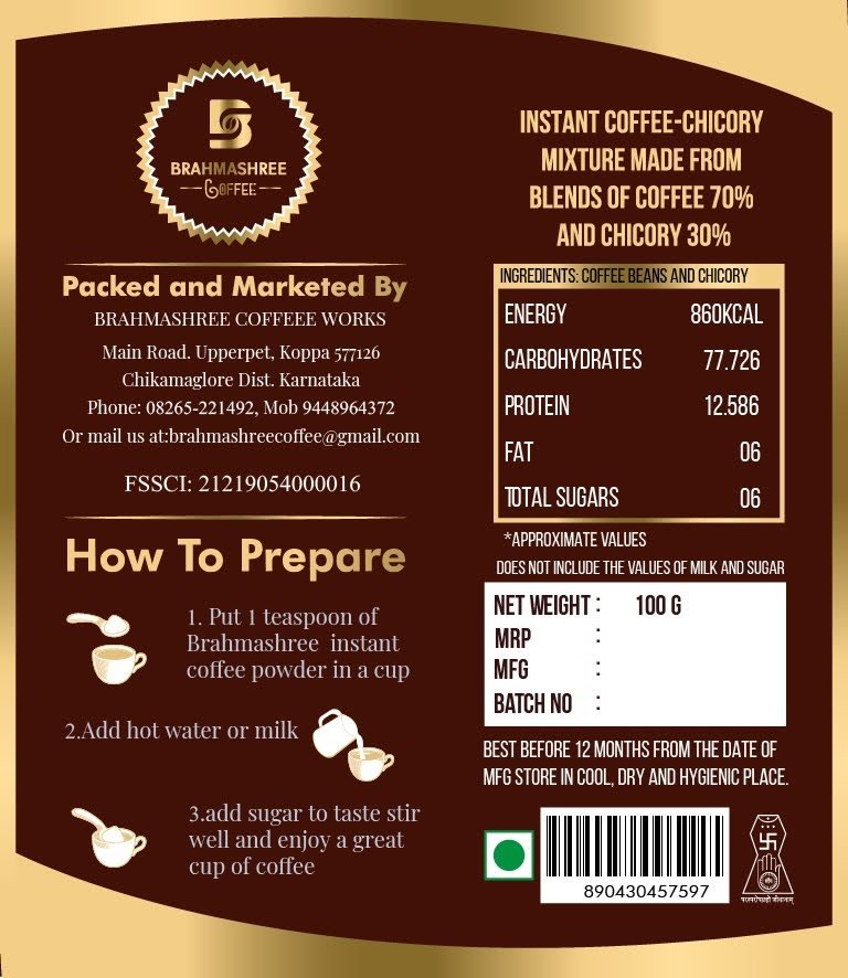 Brahmashree Instant Coffee label artwork, back with ingredients, nutrition and preparation steps