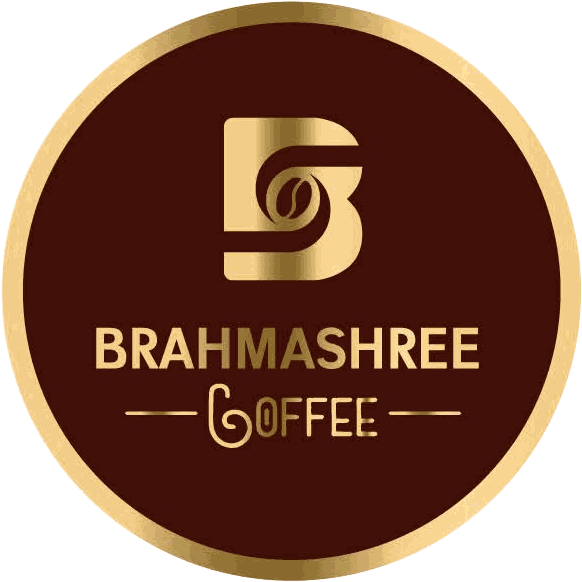 Brahmashree Coffee logo: gold B monogram and wordmark in a gold ring on roast maroon