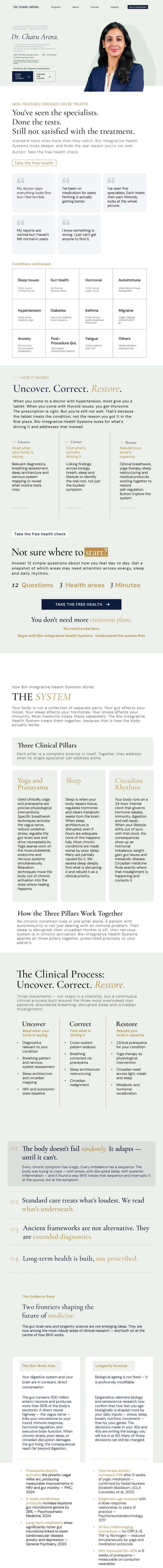 The full Dr. Charu Arora homepage, from hero to footer