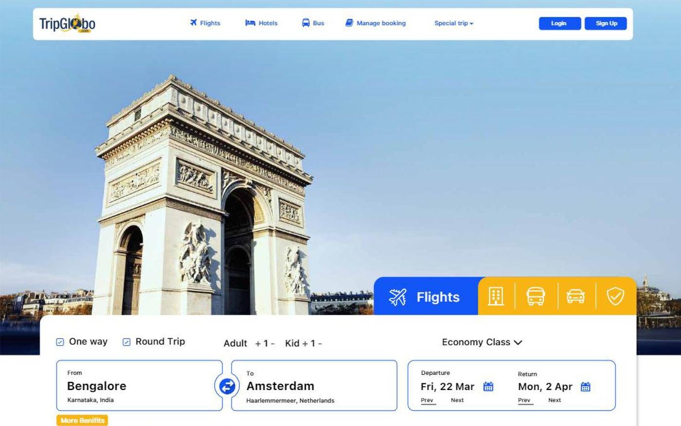 TripGlobo flight search homepage