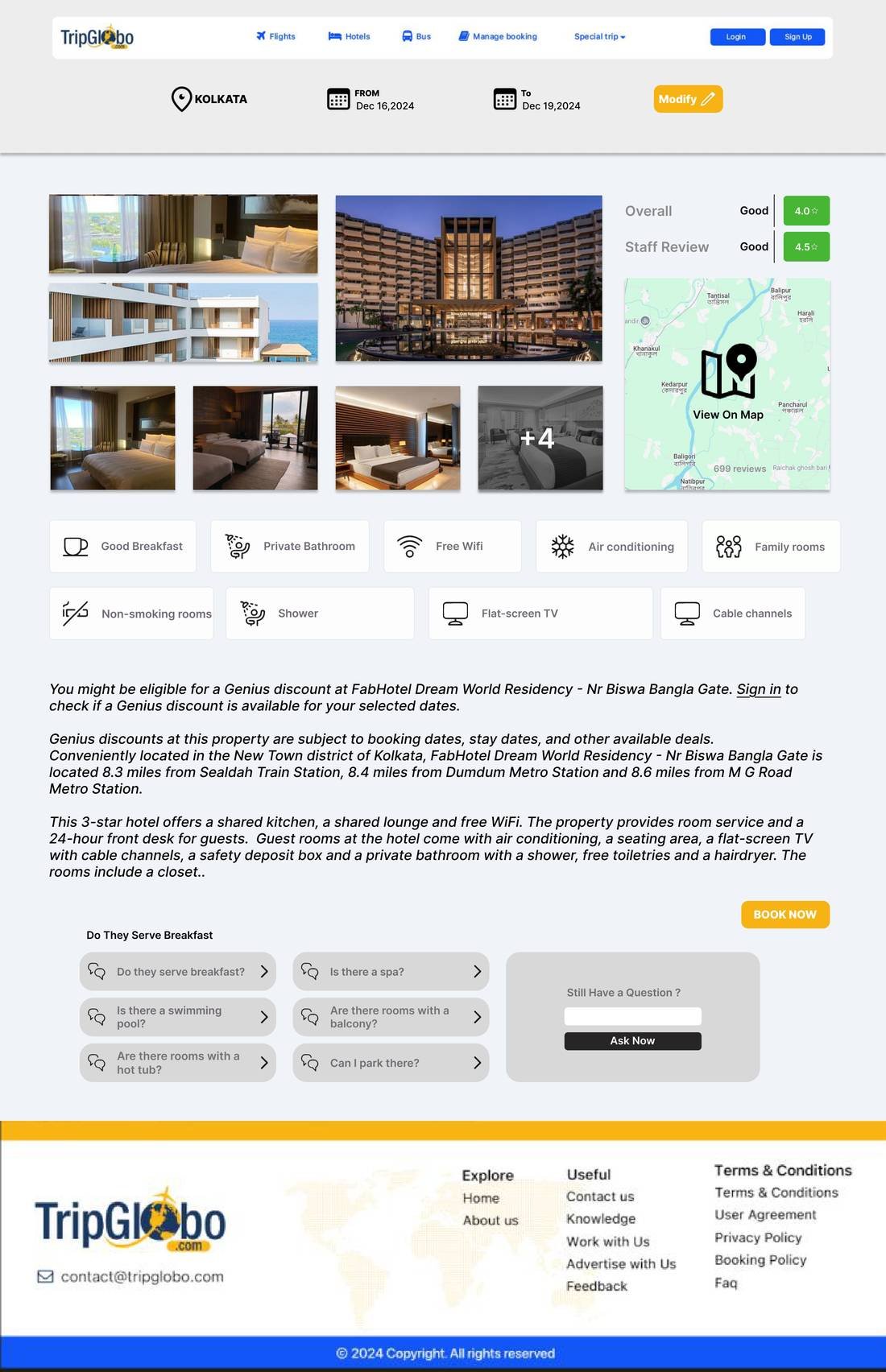 Hotel detail page with gallery, ratings, amenities and map