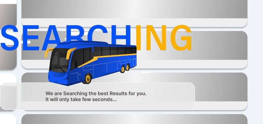 Searching screen with a bus driving through the word SEARCHING