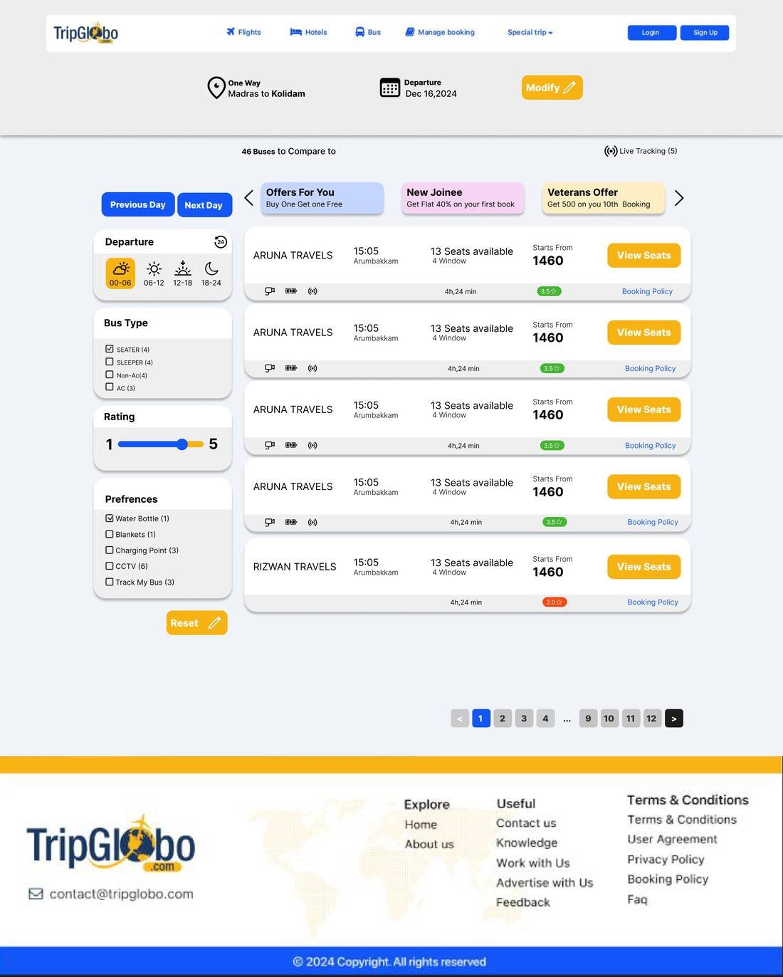Bus results with operators, seats available, ratings and live tracking
