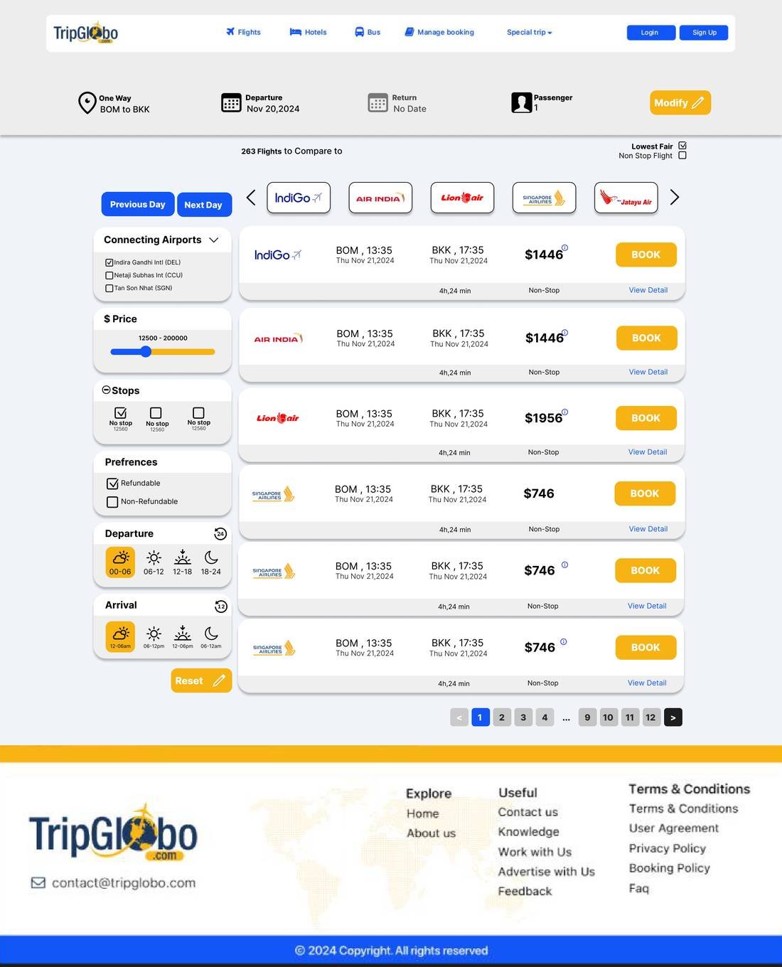 Flight results comparing airlines, times and fares with filters