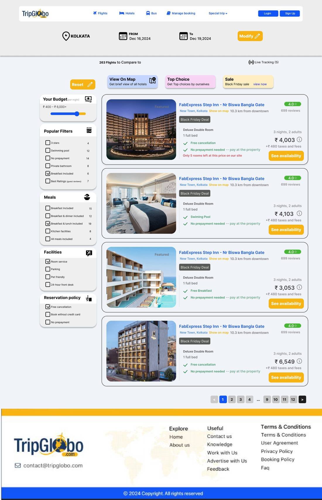 Hotel results with photos, ratings, prices and map view