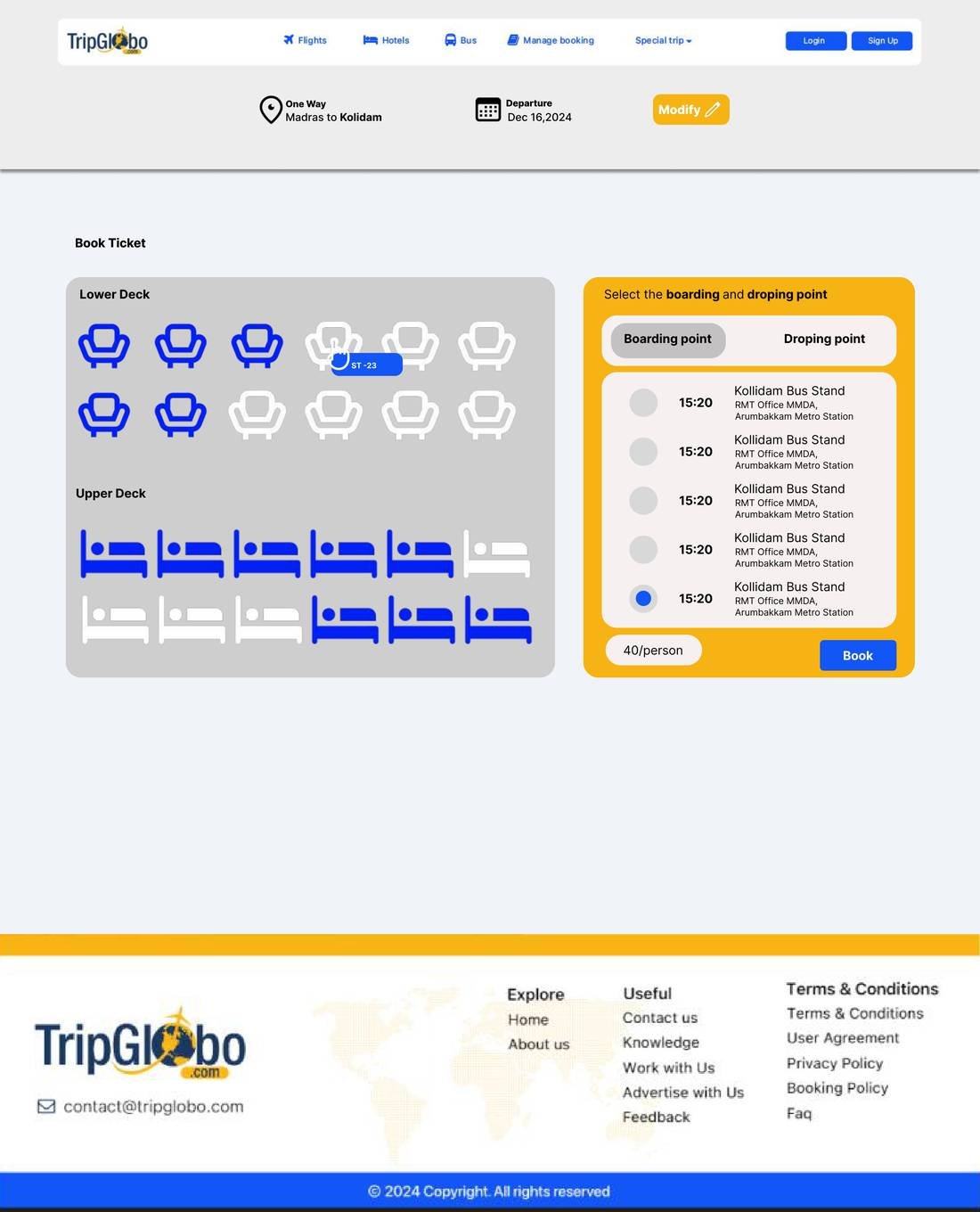 Bus seat map with lower and upper deck and boarding point picker